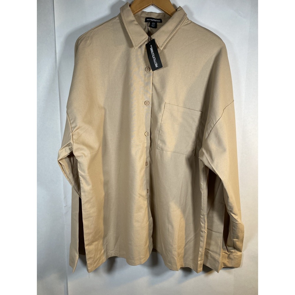 Pretty little thing NWT Linen/Cotton blend button down Tan shirt women's 16